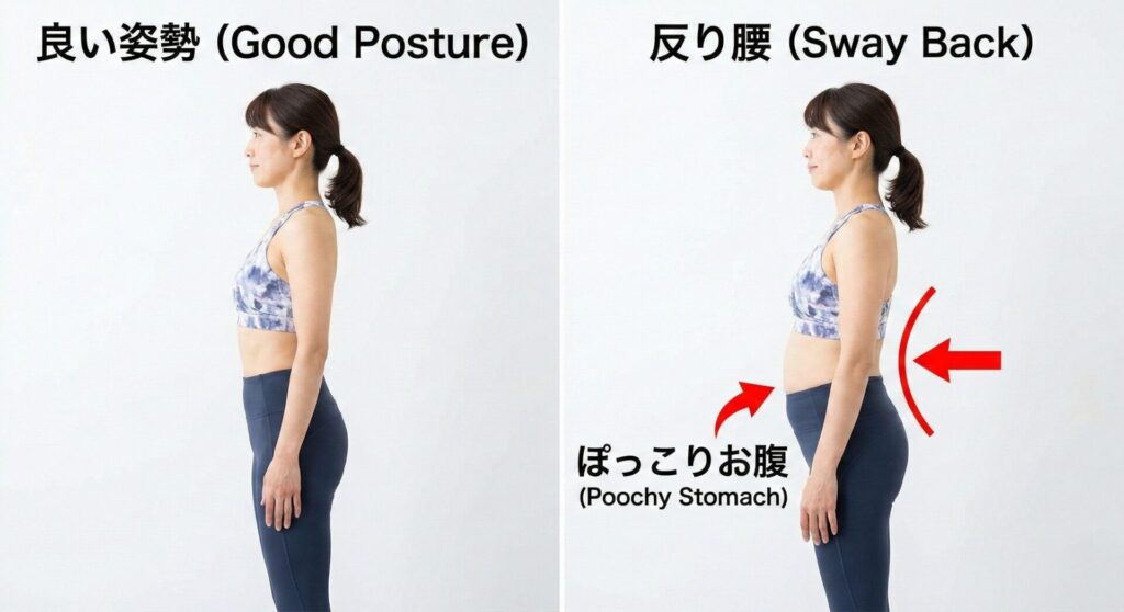 反り腰で下腹がぽっこり出ている40代女性の姿勢イラスト｜腹筋が効かない原因
