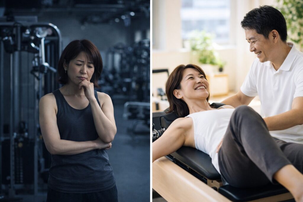 大分市の24時間ジムが続かなかった40代女性の悩みと、セミパーソナルジムFILLNESSで楽しく運動する様子のビフォーアフター