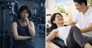 大分市の24時間ジムが続かなかった40代女性の悩みと、セミパーソナルジムFILLNESSで楽しく運動する様子のビフォーアフター