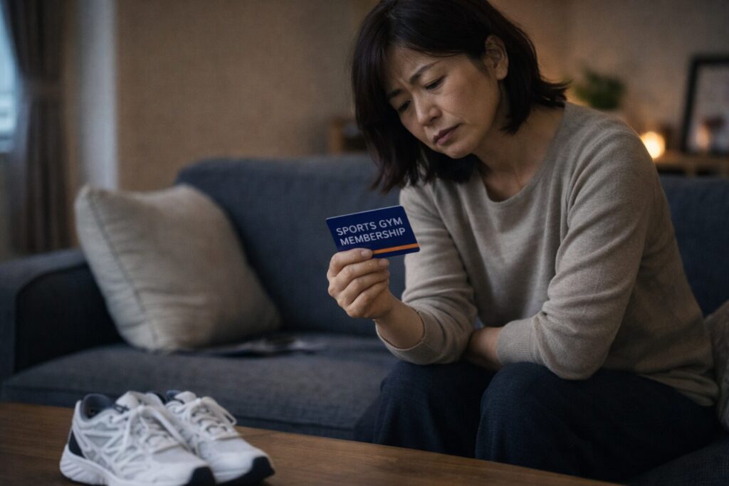 大分市の24時間ジムが続かず、会員証とシューズを見て後悔している40代女性のイメージ