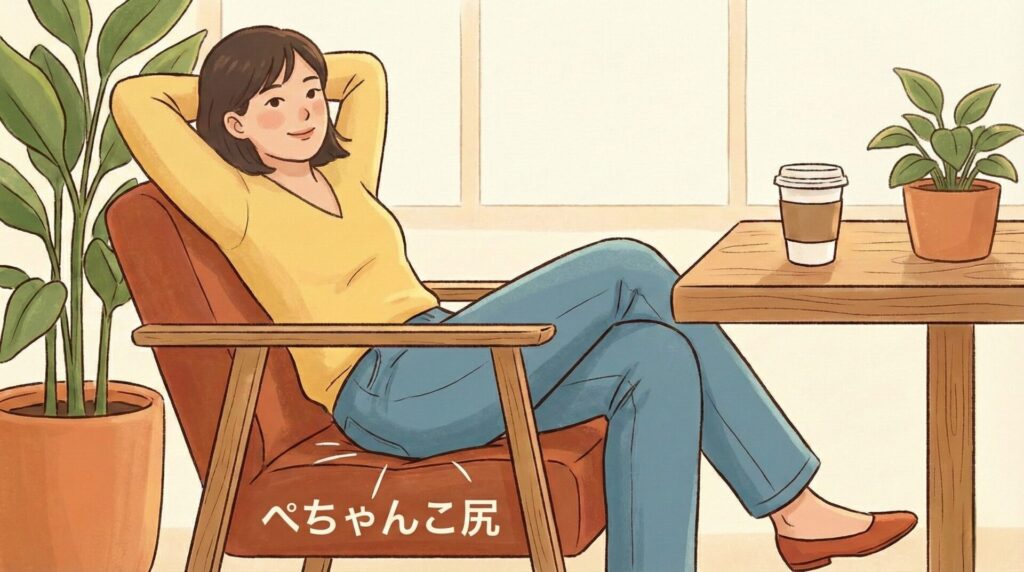 椅子に深く座り込んでリラックスしている女性のイラスト。長時間座りっぱなしで体重がかかり、お尻の筋肉が潰れて「ぺちゃんこ尻」になっている状態（殿筋の不活動）のイメージ図。