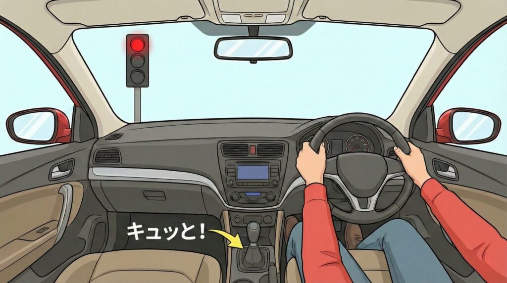 運転席から見た赤信号のイラスト。信号待ちの隙間時間を利用して、座ったままお尻の穴を「キュッと」締めるエクササイズをしているイメージ。大分市のお尻痩せ対策。