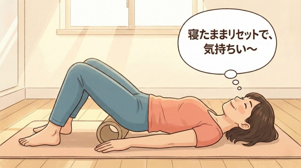 ヨガマットの上でストレッチポールを骨盤の下に入れ、寝たまま股関節の前側を気持ちよく伸ばしている女性のイラスト。「寝たままリセットで、気持ちい〜」とリラックスしている様子。FILLNESSの姿勢改善メソッド。