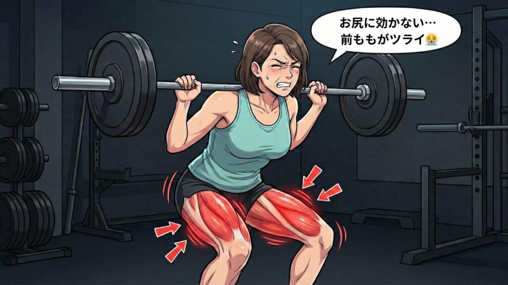 スクワットで前ももが太くなる失敗例。膝が内側に入りフォームが崩れている40代女性のイラスト