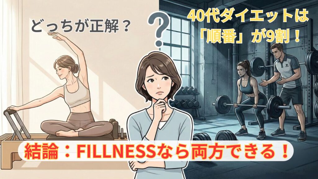 【40代ダイエット】ピラティスと筋トレ、どっちが先？迷う女性とマシンピラティス・ジムの比較画像