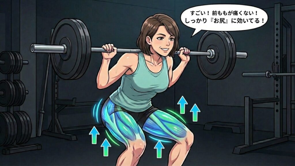 ピラティス後に正しいフォームでスクワットができるようになった40代女性。お尻と裏ももに効いて笑顔のイラスト